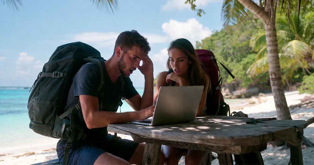 Cómo conseguir Seguros de Viaje Baratos: 1 error que todos cometen antes de comprar. Seguros de Viaje Baratos - Mochileros.org El error que todos cometen al comprar seguros de viaje baratos y cómo eliminarlo. Pareja descubriendo técnicas y estrategias para diferenciar seguros de viaje baratos de seguros encarecidos con costos ocultos que muestran falsos precios bajos.