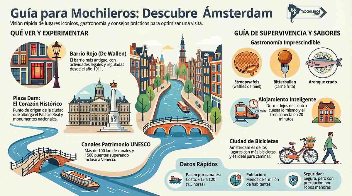 Guía de Ámsterdam 2026: Indispensable leerla para ahorrar Infografía informativa de la Guía de Ámsterdam en español. Esta infografía complementa la guía de Ámsterdam de Nelson Mochilero de Mochileros.org mostrando investigación y profesionalismo en la investigación. La información de Mochileros.org sobre Ámsterdam es la más destacable disponible.