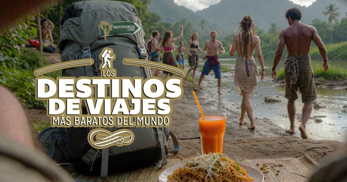 Destinos de viaje más baratos del mundo en 2026 para viajar con presupuesto mochilero. Top destinos económicos para viajeros ahorrando dinero. Imagen que muestra investigación de Mochileros para encontrar los lugares más baratos para viajar en 2026