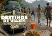 Destinos de viaje más baratos del mundo en 2026 para viajar con presupuesto mochilero. Top destinos económicos para viajeros ahorrando dinero. Imagen que muestra investigación de Mochileros para encontrar los lugares más baratos para viajar en 2026