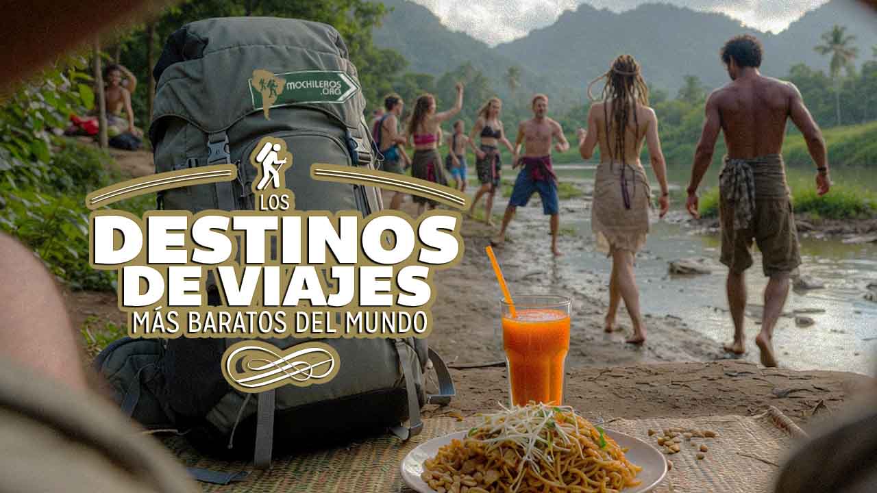 Destinos de viaje más baratos del mundo en 2026 para viajar con presupuesto mochilero. Top destinos económicos para viajeros ahorrando dinero. Imagen que muestra investigación de Mochileros para encontrar los lugares más baratos para viajar en 2026