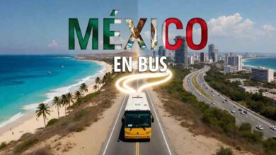 Rutas de bus en Mexico: Autobus de primera clase recorriendo una carretera escenica mexicana hacia el Caribe con mochileros a bordo, guia de transporte de Mochileros.org