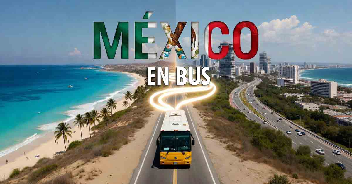 Rutas de bus en Mexico: Autobus de primera clase recorriendo una carretera escenica mexicana hacia el Caribe con mochileros a bordo, guia de transporte de Mochileros.org