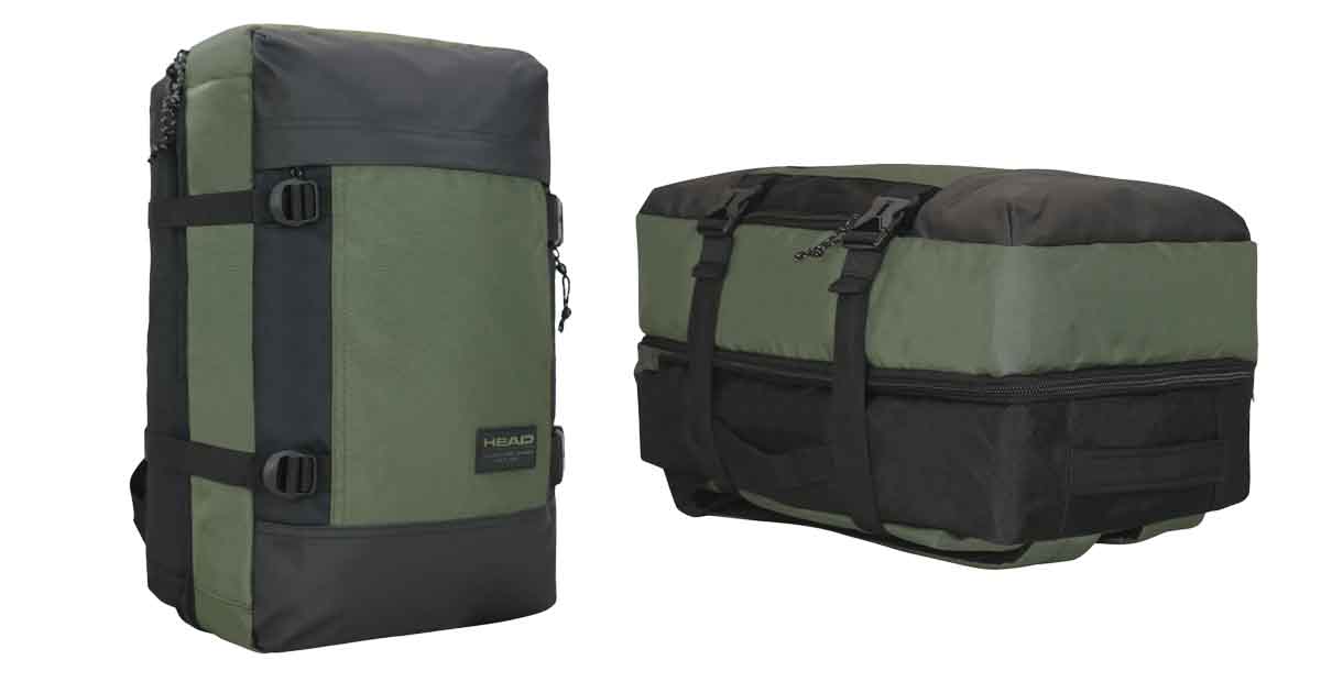 Imagen que muestra mochila Maverick New color verde militar de la marca Head. Mochila para viajar en avión con equipaje comprimido al máximo.
