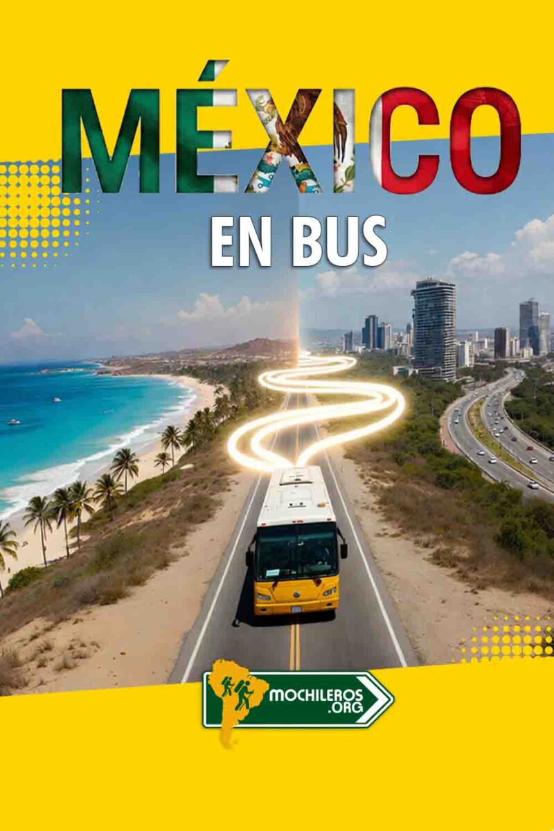 Rutas de bus en Mexico: Autobus turistico en carretera dividida entre playas del Caribe y rascacielos de Monterrey o CDMX. Infografia oficial de Mochileros.org y Bookaway para viajar barato